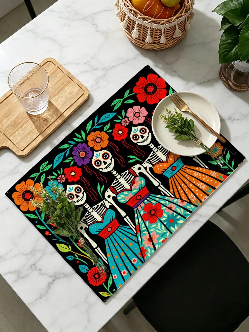 Printed Placemats for Dining Table Kitchen Holiday Parties Colorful Skeletons Dancing With Flowers