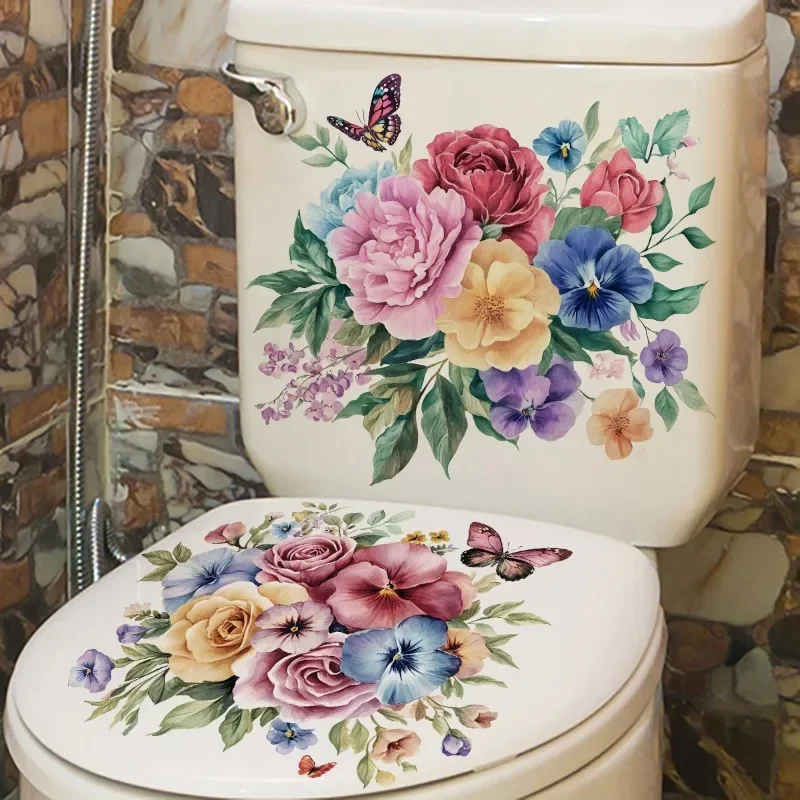 1Set Purple Flower Hyacinth Sticker Bathroom Toilet Wall Decal Home Background Decor Bathroom Supplies Waterproof Toilet Sticker
