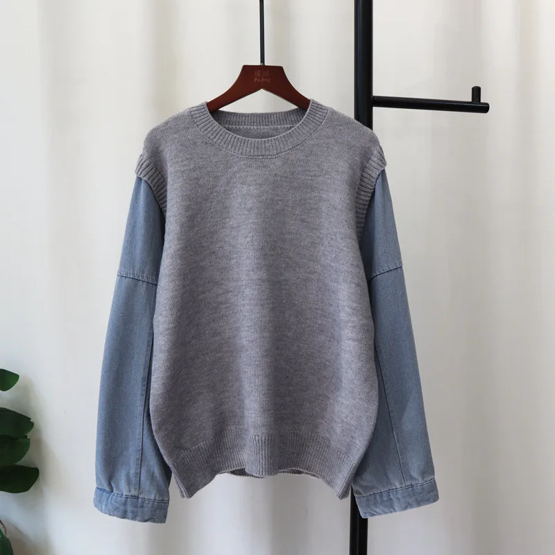 

SuperAen New 2025 Autumn and Winter Patchwork Denim Long-sleeve Knitted Sweater O-neck Loose Casual Pullover Tops
