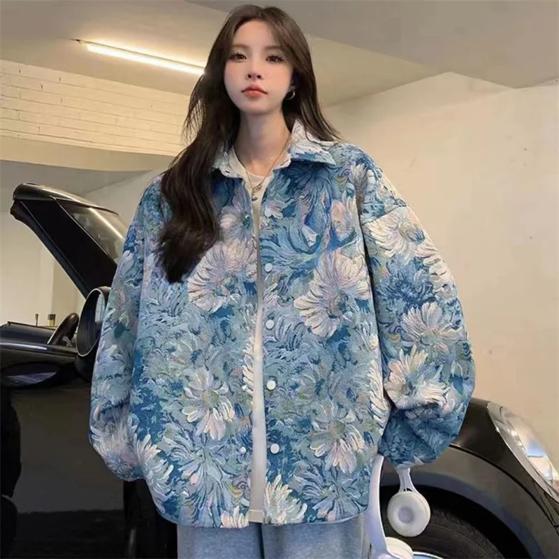 ﻿ 2024 Spring New Retro Floral Baseball Coat Women\'s Jacquard Design Feeling Small Hong Kong Style Man Autumn Jackets Fashion 5X