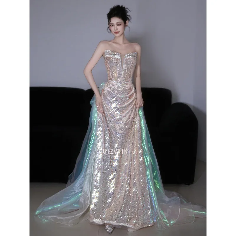 Luxo formal vestidos de festa à noite mulher sem alças lantejoulas vestido de baile com contas até o chão sereia casamento vestidos de noiva