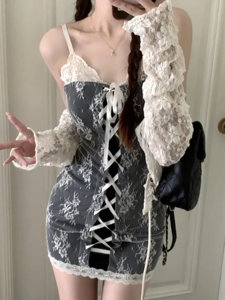 فستان قصير مثير على الموضة اليابانية Kawaii للنساء + Y2k Harajuku سترة كلاسيكية بأكمام طويلة طقم مكون من قطعتين #4