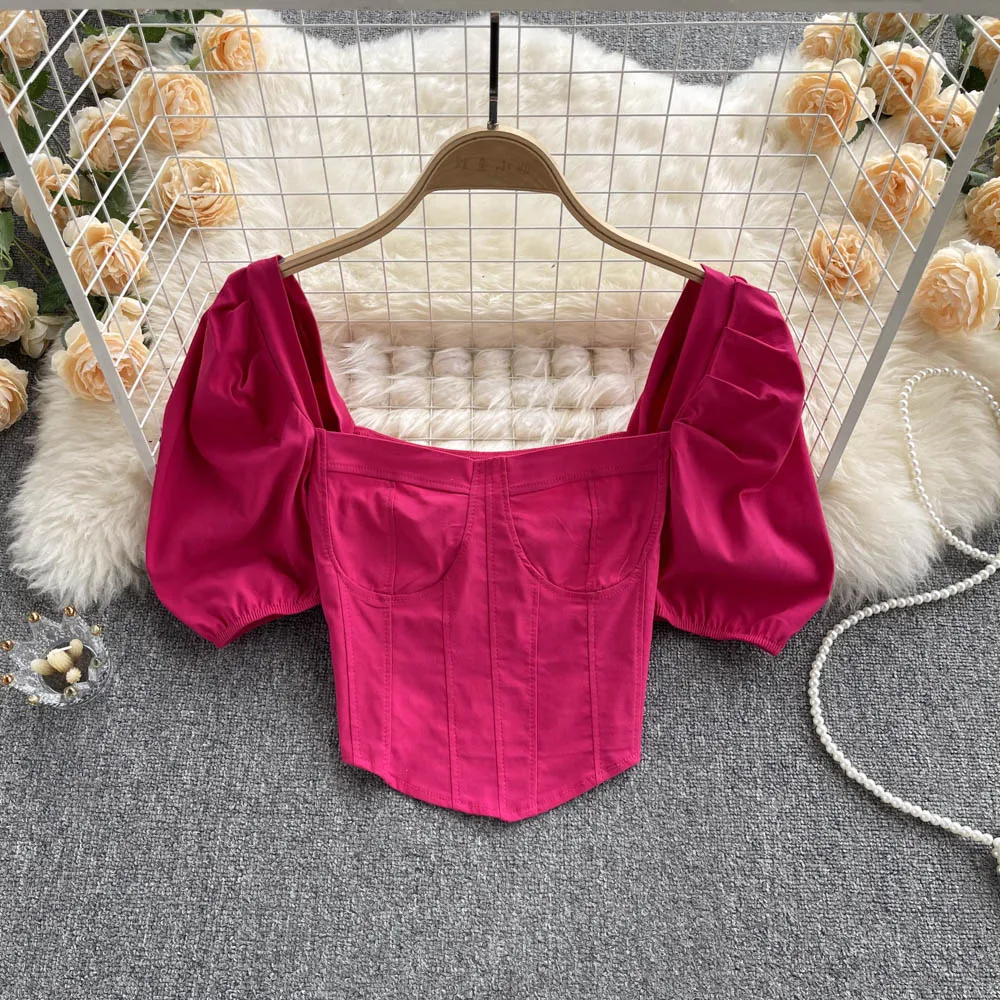 Elegant Sexy puff sleeve Square Collar Blouse Chic Pullover Vintage Shirt  Korean Women Summer crop Top