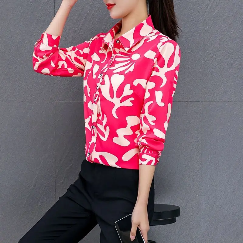 2024 High End Women\'s New Spring Autumn Turn-down Collar Button Printed Elegant Versatile Slim Long Sleeve Commuter Shirt Top