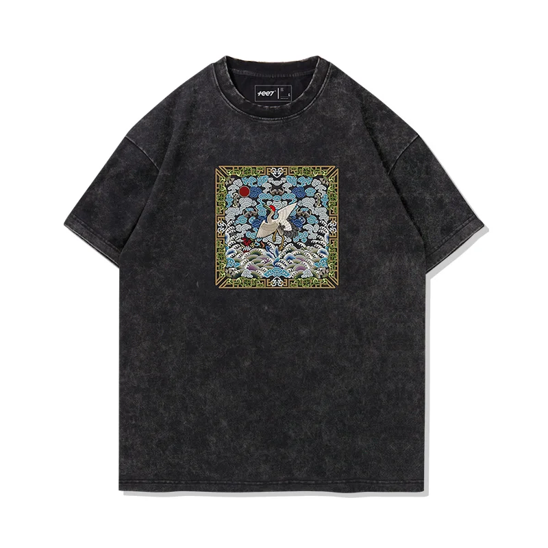 

National trend Chinese - style official T - shirt with first - rank official elements, vintage, pure cotton short - sleeved.