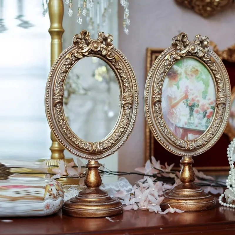 Vintage Carved Tabletop Vanity Mirror Elegant Relief Photo Frame Decorative Makeup Mirror Photo Display Prop