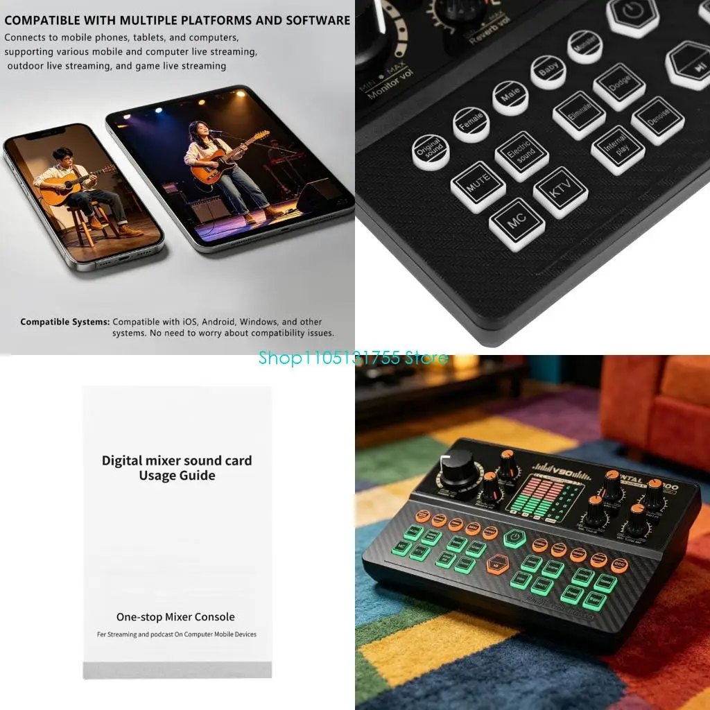 K0EF Portable DJ Mixer Board Sound Card Mixer Voice Changer Live Recording Device Streaming Mixer for Podcast Recording
