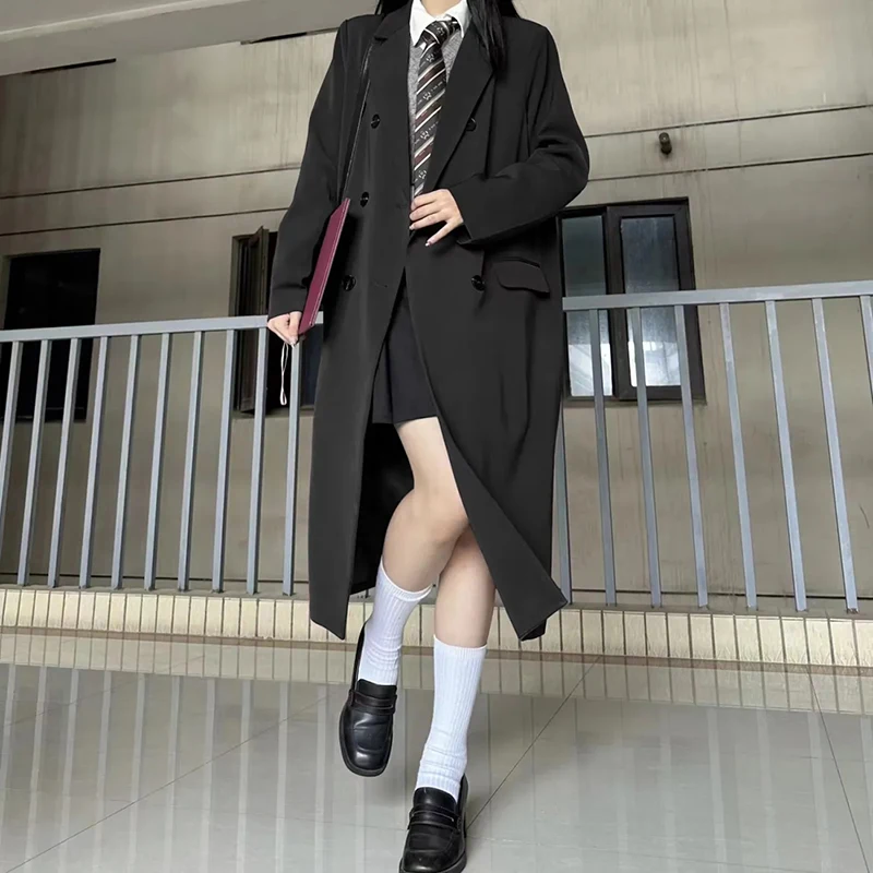 Elegant Preppy Midi Blazers Women Fall Korean Fashion Loose Casual Trench Coats Sweet Solid Button Patchwork Female Suit Jacket