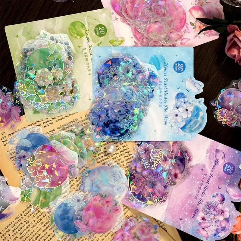 20 Stücke PET Label Edelstein Glänzende Aufkleber Moonrise Hintergrund Scrapbooking Eingewickelt Blumen Rückseite Laser Vorhänge 128*105 MM