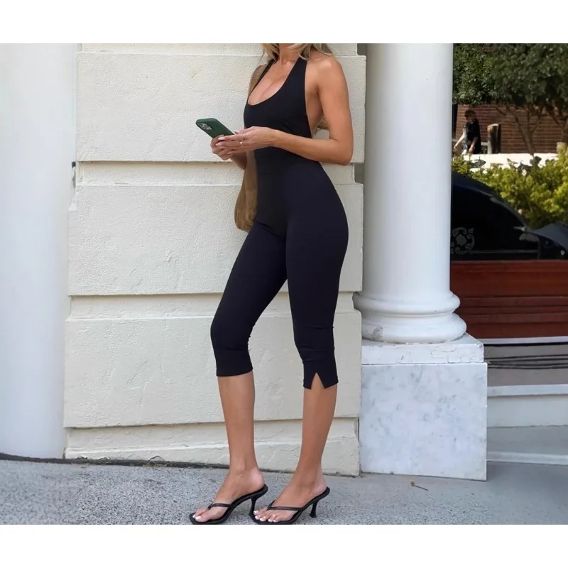 

Street Casual Women's Clothing Solid Color Neck Jumpsuit Backless Sports Slim Pants