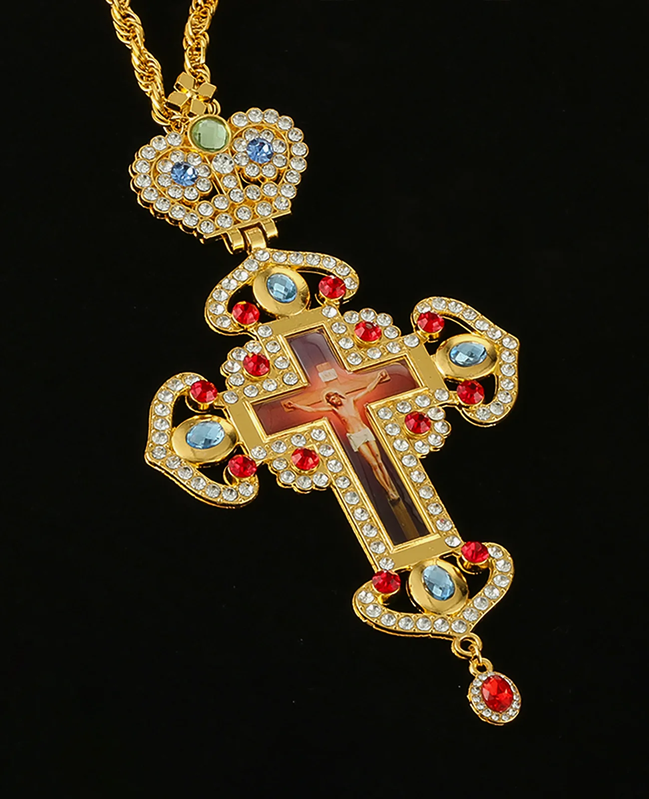 Luxurious Large Pectoral Cross Pendant Necklace Crucifixion Semiprecious Rhinestone Crown 120cm Chain Anglican Communion Jewelry