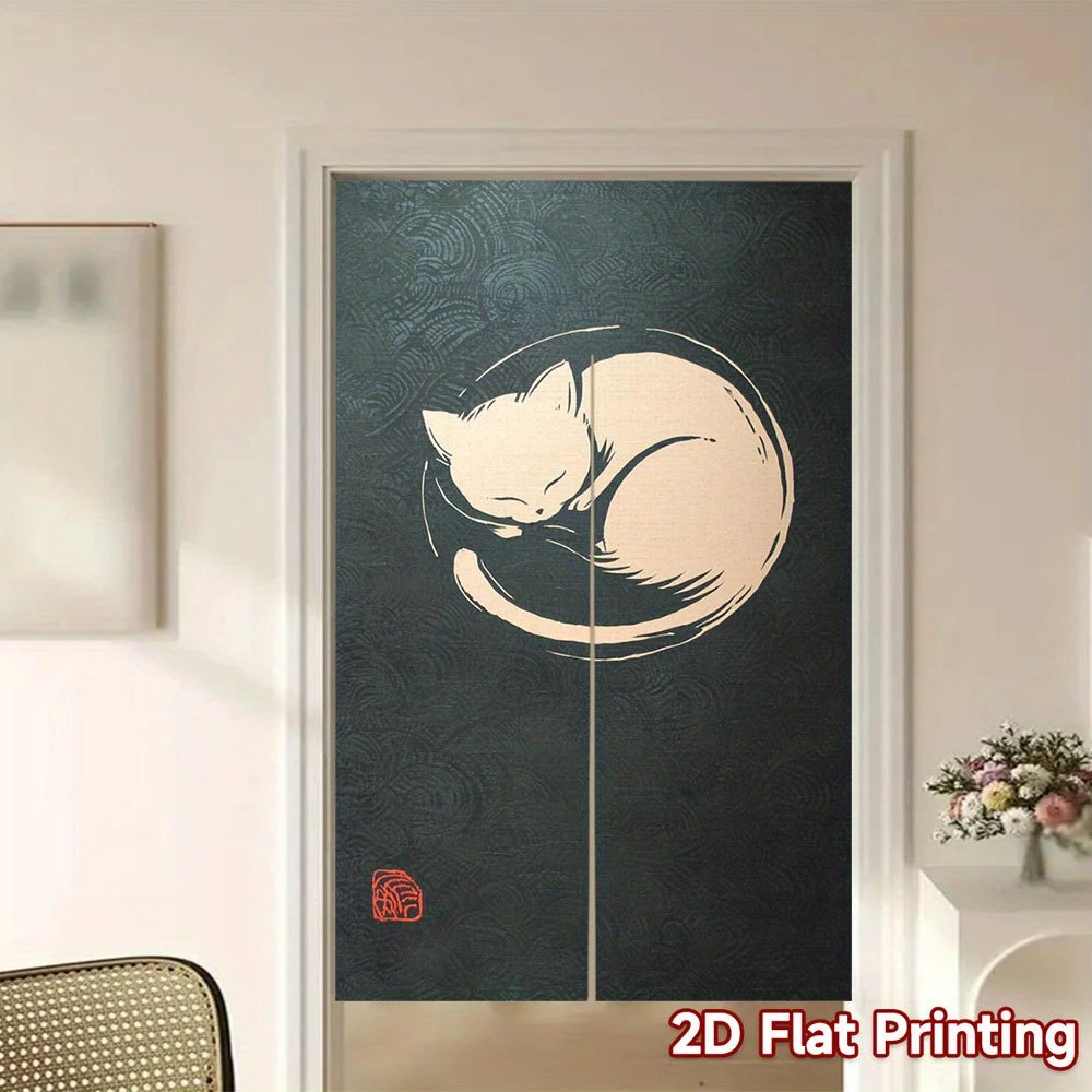 VIKAMA “Sleeping Kitten” Japanese-Style Door Curtain Japanese Style Half Door Curtain, Noren Curtain for Kitchen Bedroom