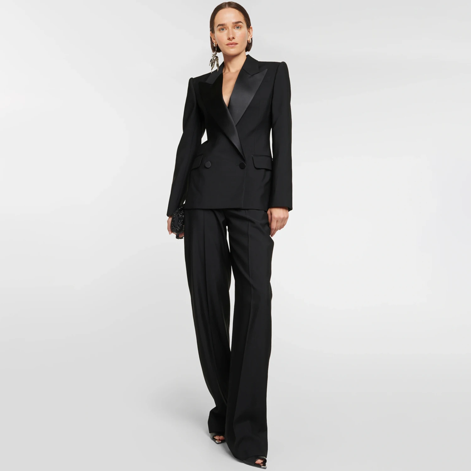 

Allingentle, черный атласный женский комплект из 2 предметов с лацканами, деловой костюм, элегантный брючный костюм, комплект для вечеринки, офисной работы, наряды на заказ