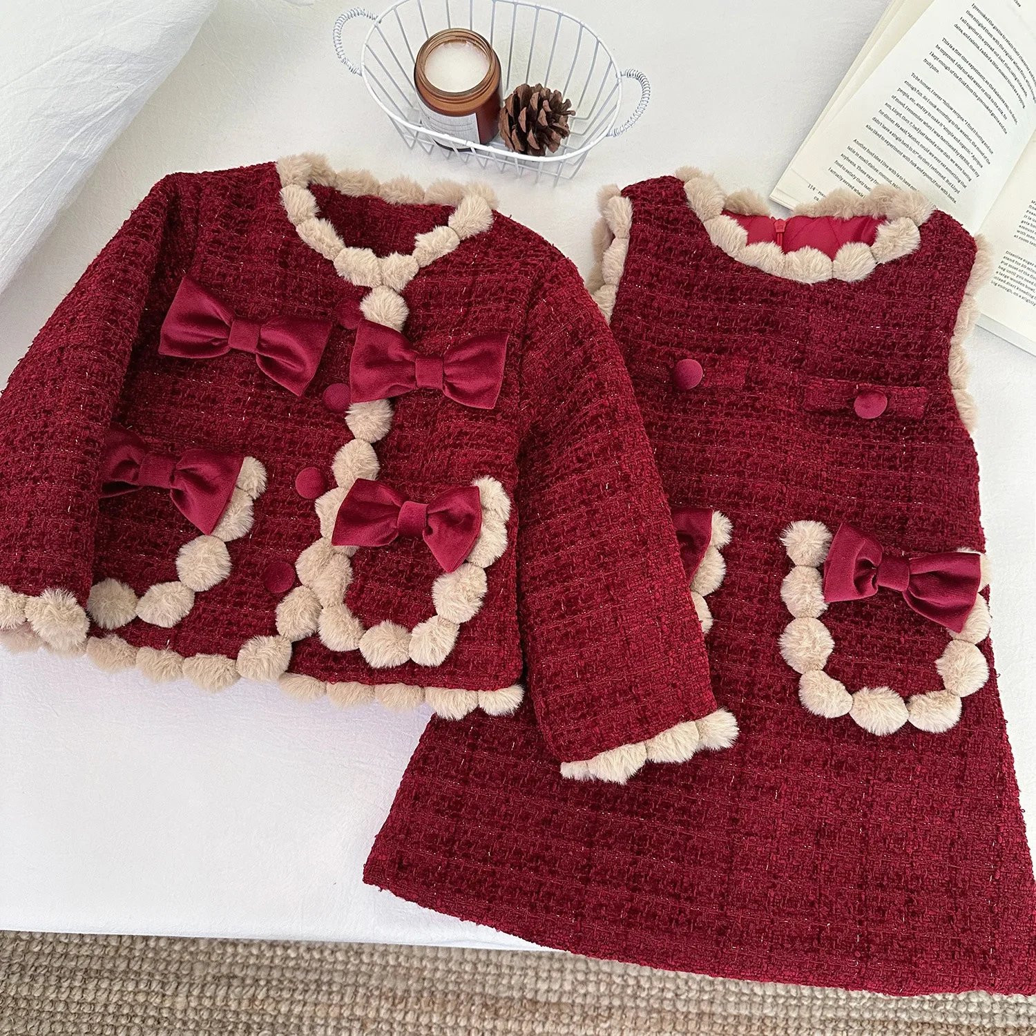 

Christmas Winter Girls Tweed Boutique Outfit New Year Children Red Thick Warm Jacket Sleeveless Dress Two Piece Set Kids Clothes