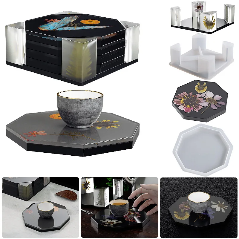 Silicone Coaster Storage Box Mold Round Square Octagonal Coaster Tray Making Gypsum Coaster Combination Suit Epoxy Resin Molds