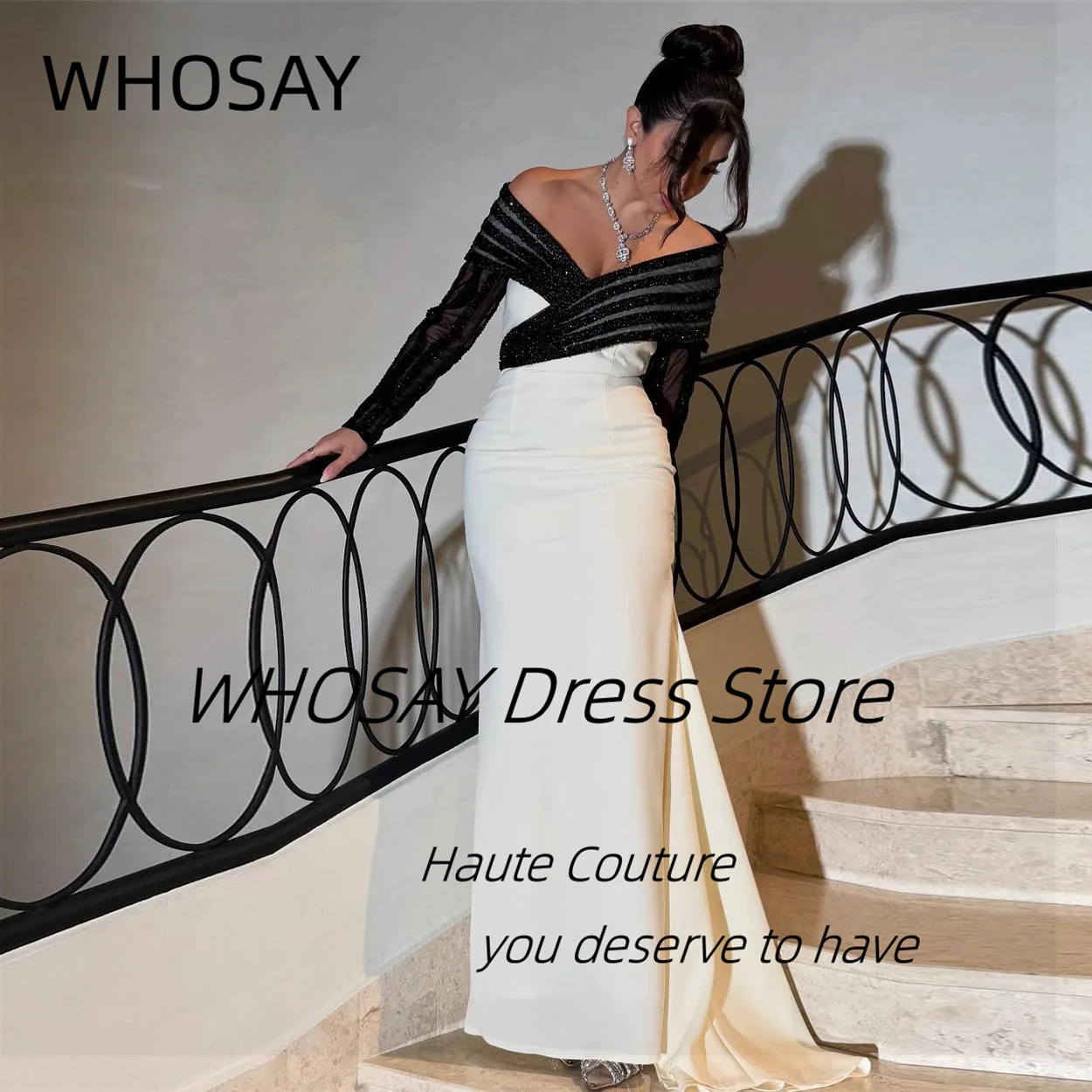 WHOSAY Black Chain Drill Long Sleeves Prom Dresses Off Shoulder Evening Dress Contrast Color Special Party Gowns Customized