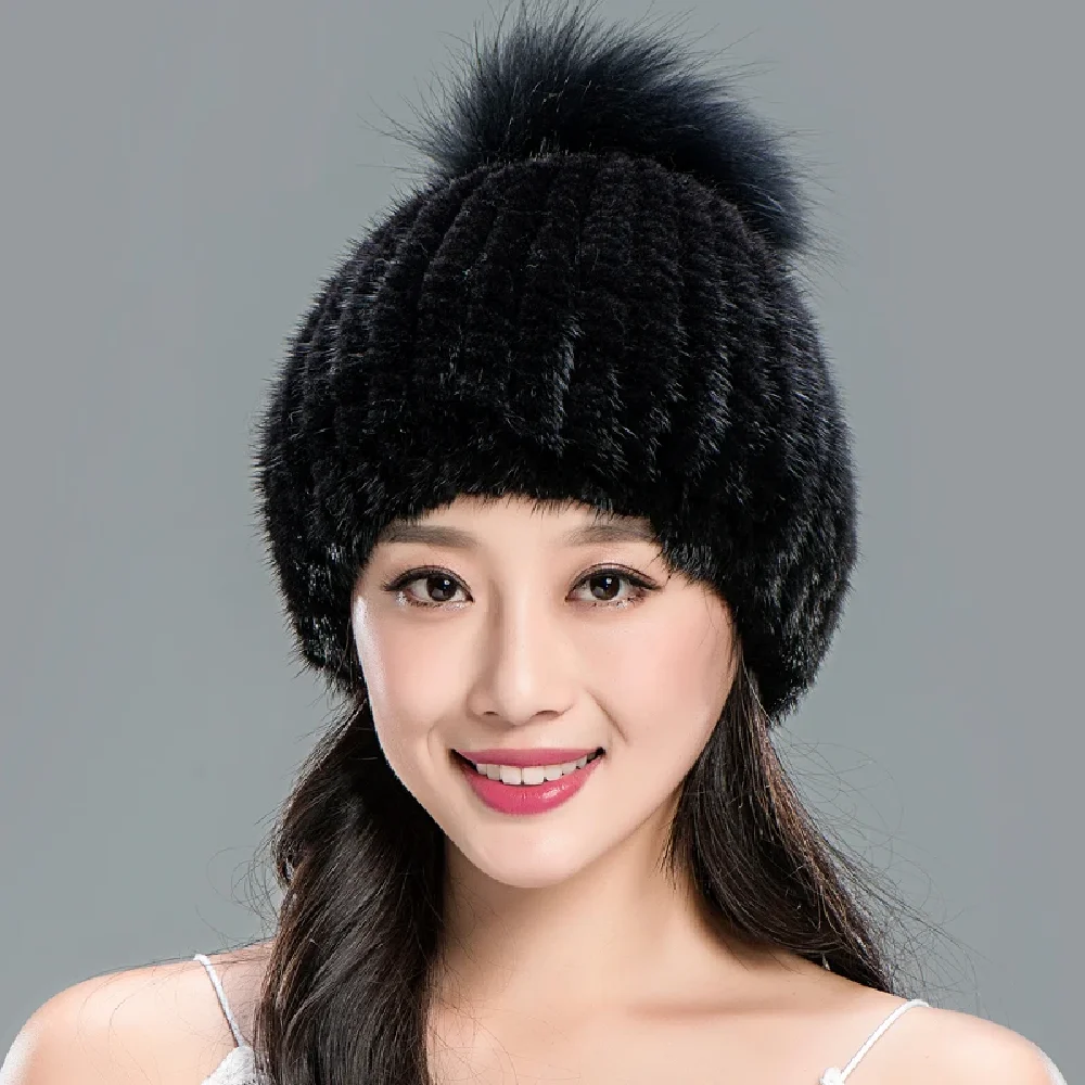 

Real Mink Fur Hat With Fox Fur Ball Cap For Women Winter Warm Skullies Beanie Hand-Woven High Elastic
