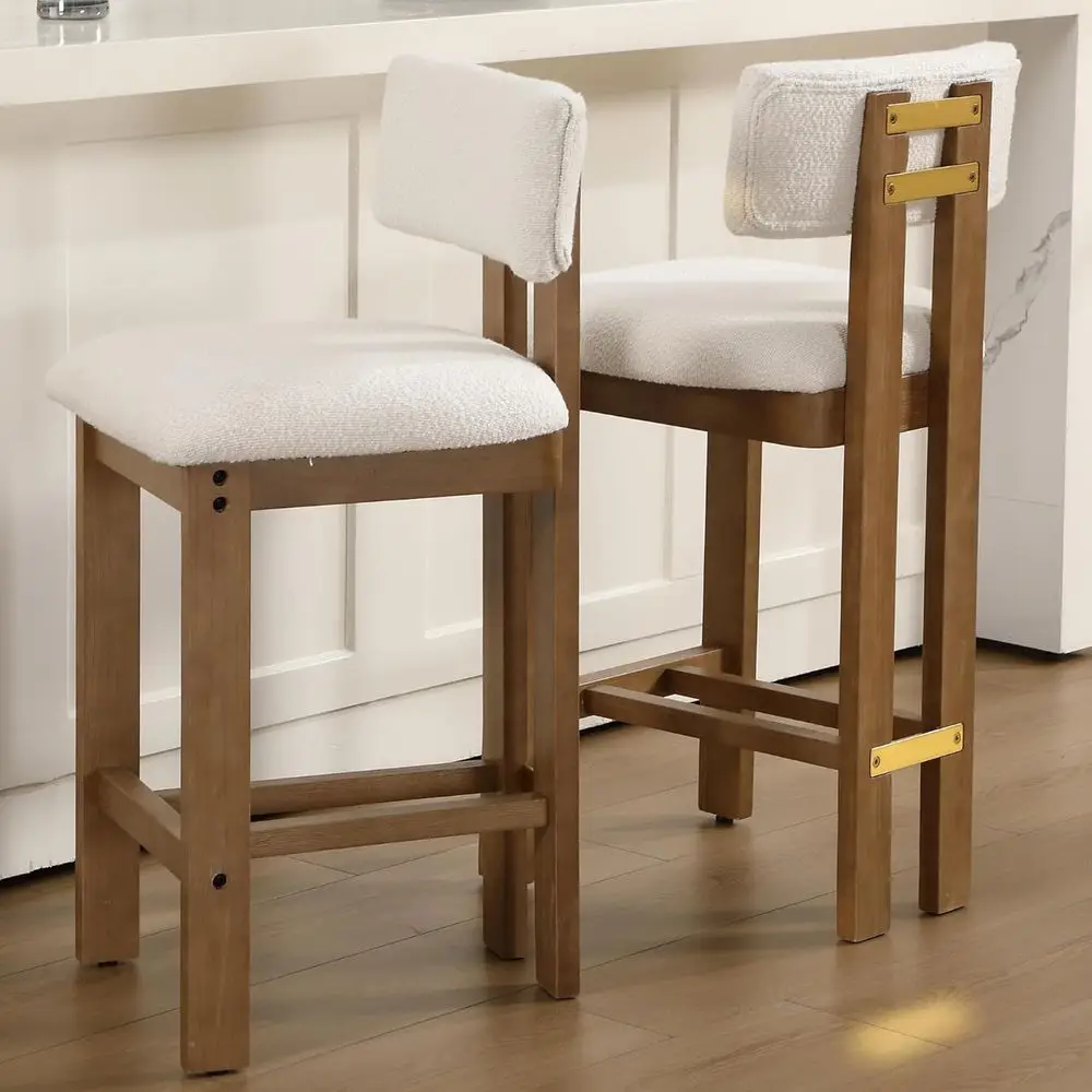 

Set of 2 White Upholstered Counter Height Bar Stools with Backrest and Solid Wood Legs