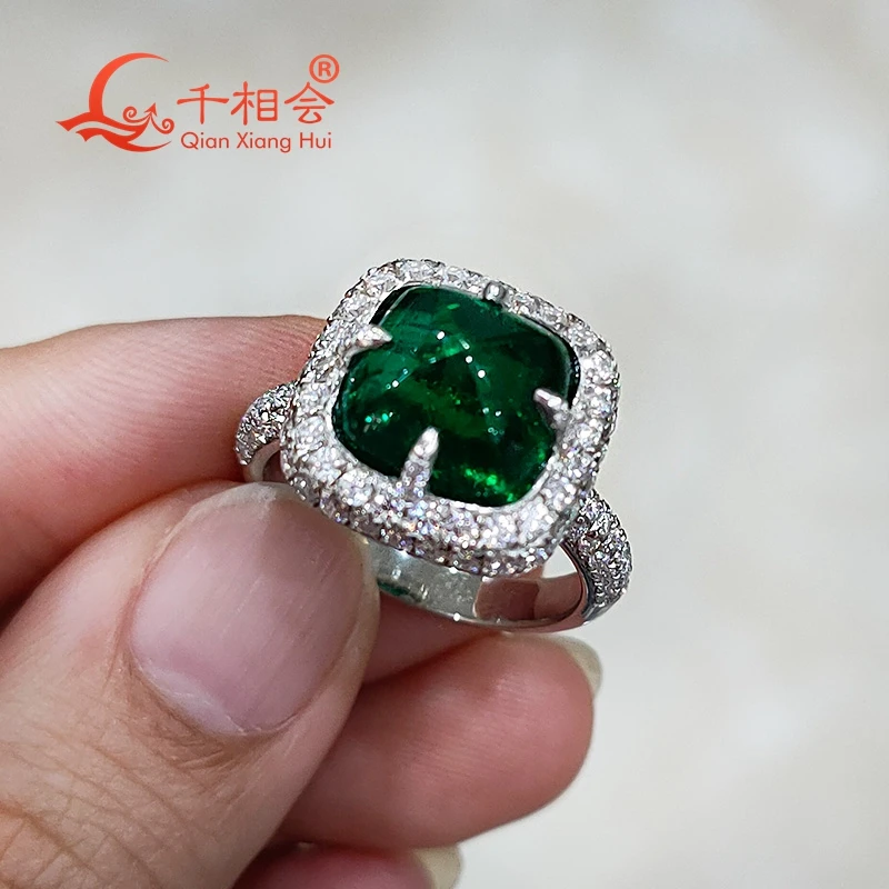 Sugar-loaf 10mm  925 silver green color emerald ring Created Hydrothermal Emerald with melee white moissanite for Wedding