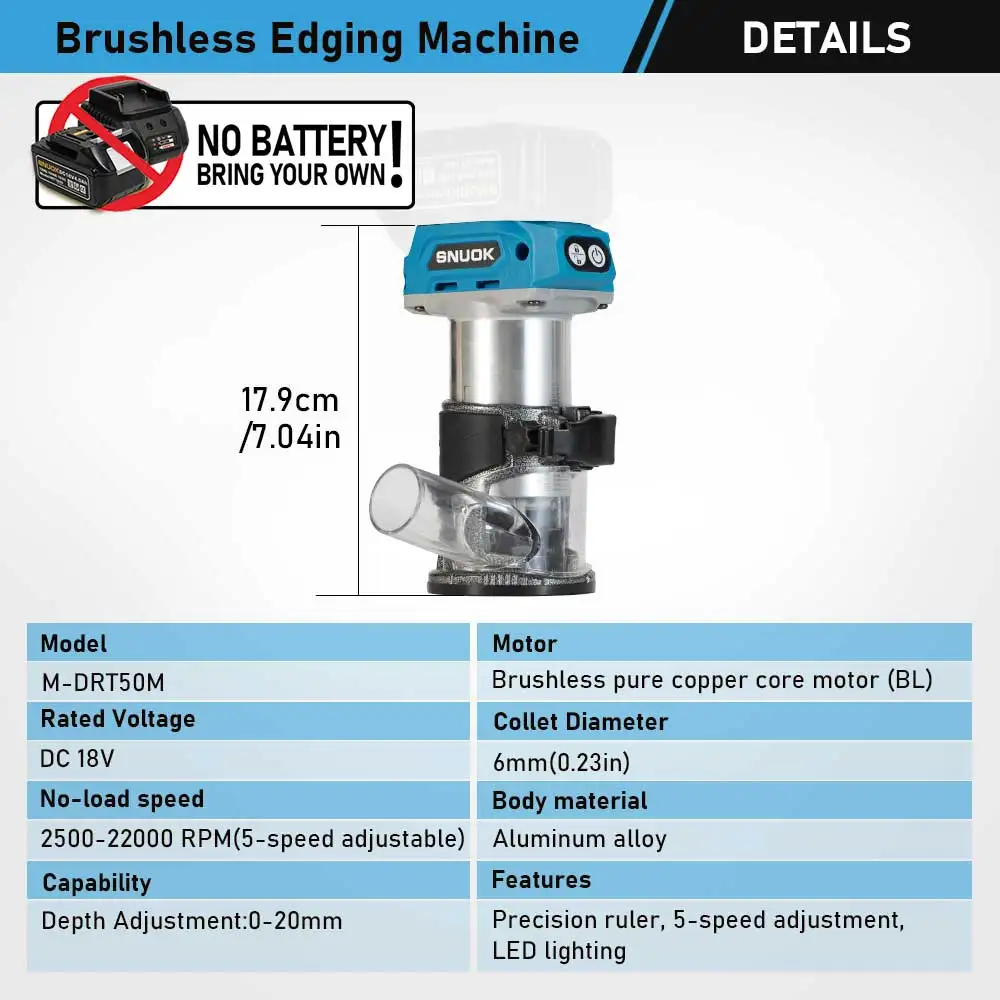 SNUOK 1/4'Brushless Trimmer No Battery DRT50 6mm 22000RPM Milling Wood Grooving Engraving Machine For Makita 18V Lithium Battery