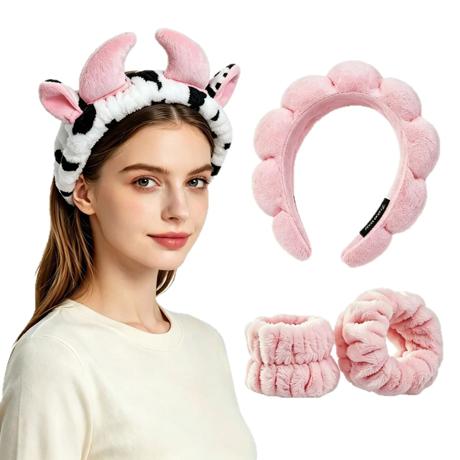 Plush Cow Hairband Set Pink Cow Shape Headband for Women Face Washing Hair Accessories Daily Use