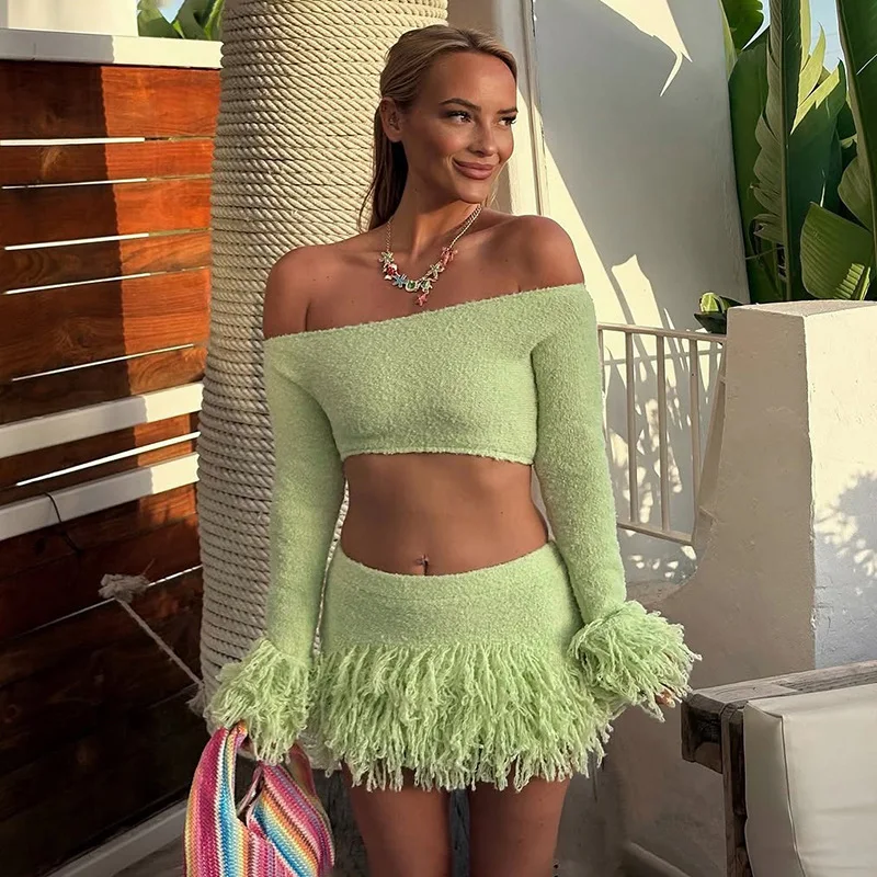 STYLISH LADY Knitted Tassel 2 Piece Set Women Long Sleeve Crop Top and Mini Skirt Suits 2025 Autumn Sexy Club Party Outfits