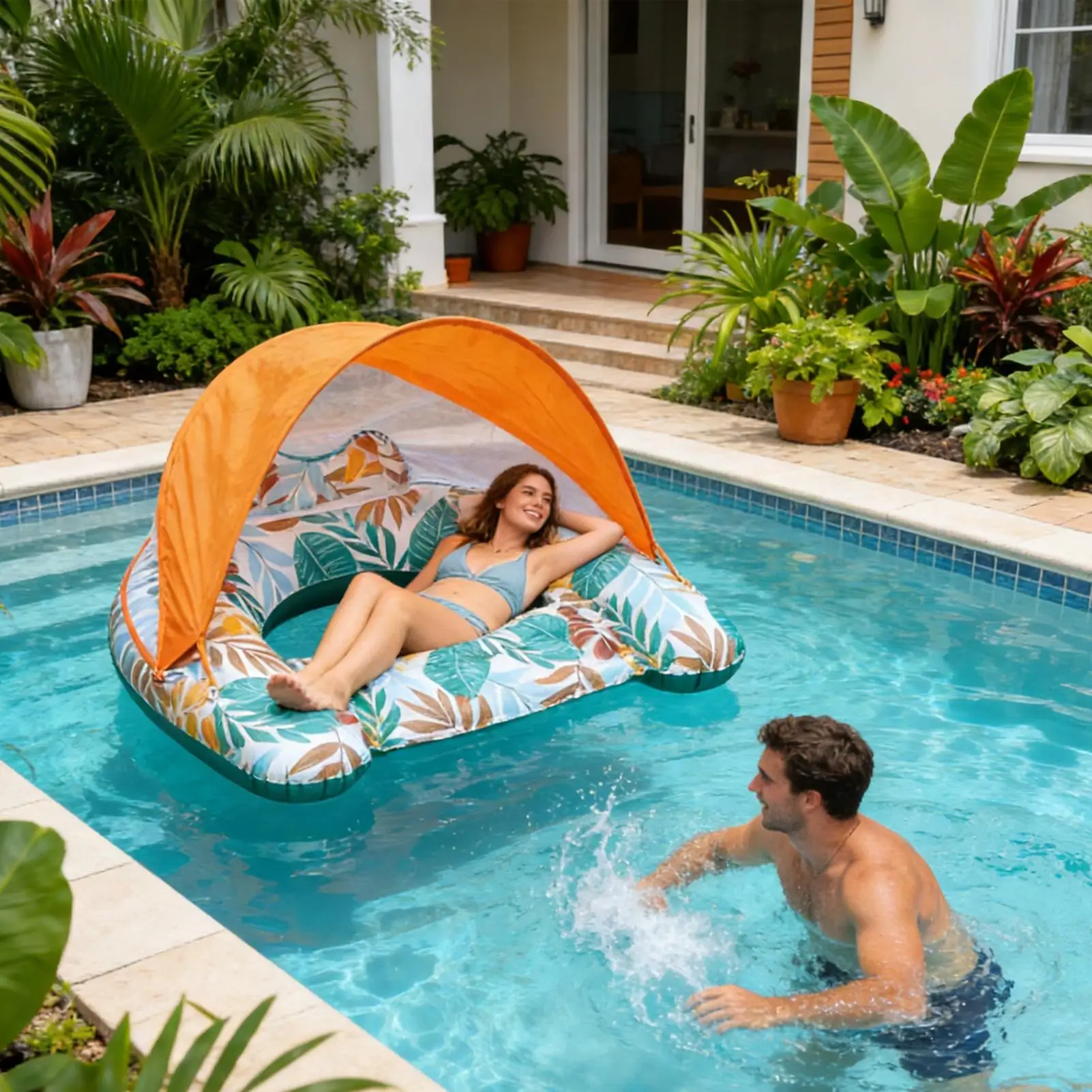 

Swimming Pool Float With Ergonomic Headrest Pool Floats With Canopy For Adults Inflatable Beach Floating Chair For Summer Beach