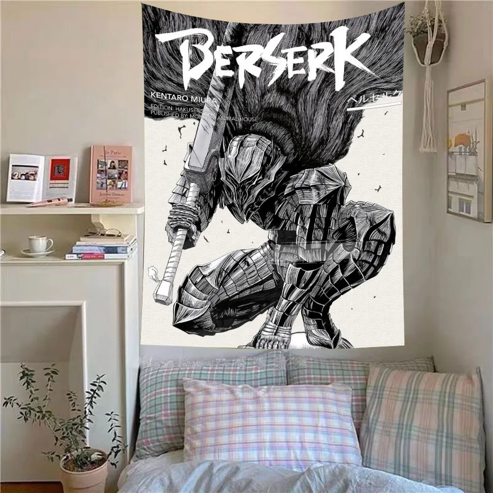 Tapisserie vintage imprimée noir et blanc sur le thème de Berserk, décoration murale pour la maison, toile de fond esthétique pour chambre à coucher