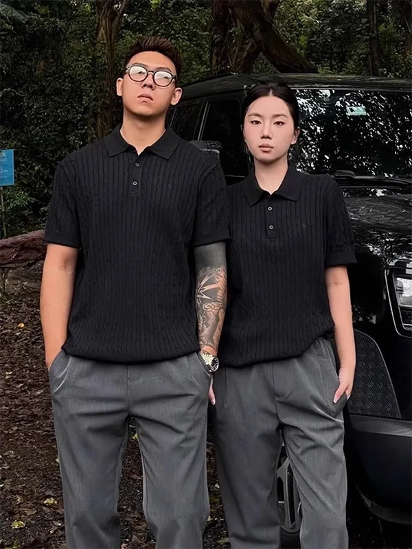 

Bla Knitted irt Men's ort Sve Summer High-End Feeling Cool T-irt Couple f Sve Loose Fit Youth Trend