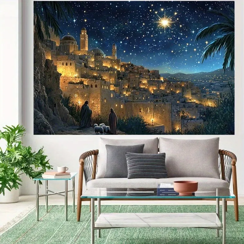 VIKAMA Christian Christmas Tapestry, Nativity Stable Star, Religious Wall Hanging Decor for Home Church Living Room