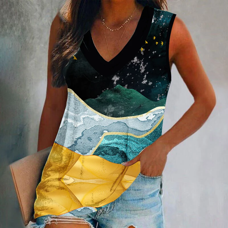 Summer Art Sanya 3D Print Tank Tops Women Fashion Streetwear Y2k Oversized V-Neck Vest Off Shoulder Sleeveless Woman Camisole