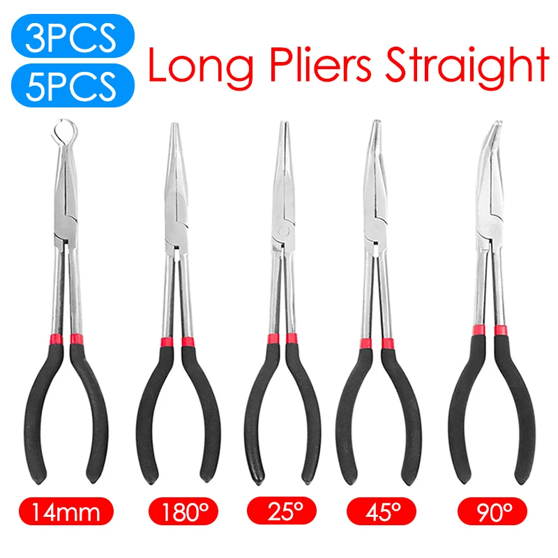 

3/5Pcs Long Nose Pliers Carbon Steel Non-slip Straight Plier 25/45/90° Bent O-shape/Nose Pliers for Machinist Engineer Hand Tool