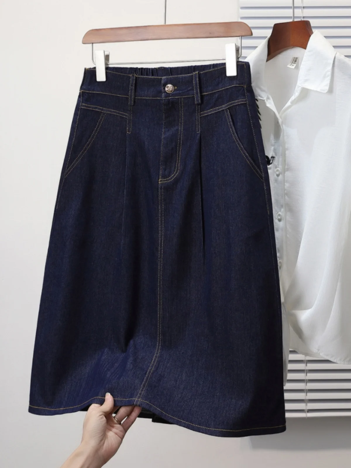 

Модная джинсовая юбка А-силуэта больших размеров с высокой талией, новинка весеннего сезона, свободная, стройнящая, миди, из комфортной хлопковой смеси, для повседневной носки