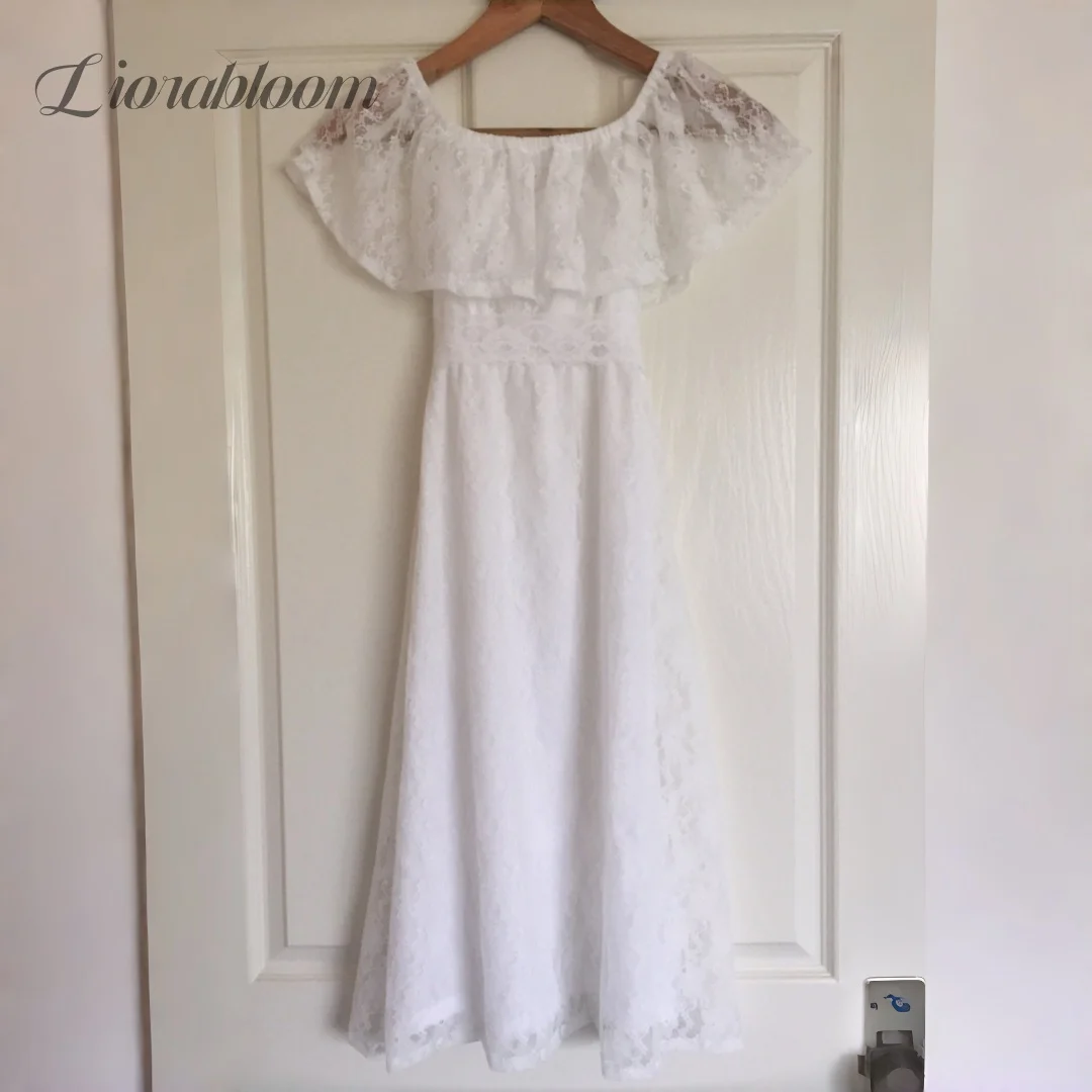 Abito da Damigella Personalizzato in Pizzo per Bambine, Vestito da Principessa con Spalle Scoperte, Maniche a Sbuffo in Tulle e Cintura a Nastro
