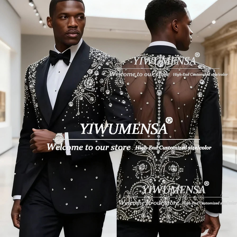 

Эксклюзивный дизайн, ажурные костюмы для мужчин на свадьбу, комплект из 2 предметов, пиджаки для выпускного вечера с камнями из бисера, мужские формальные вечерние смокинги для жениха