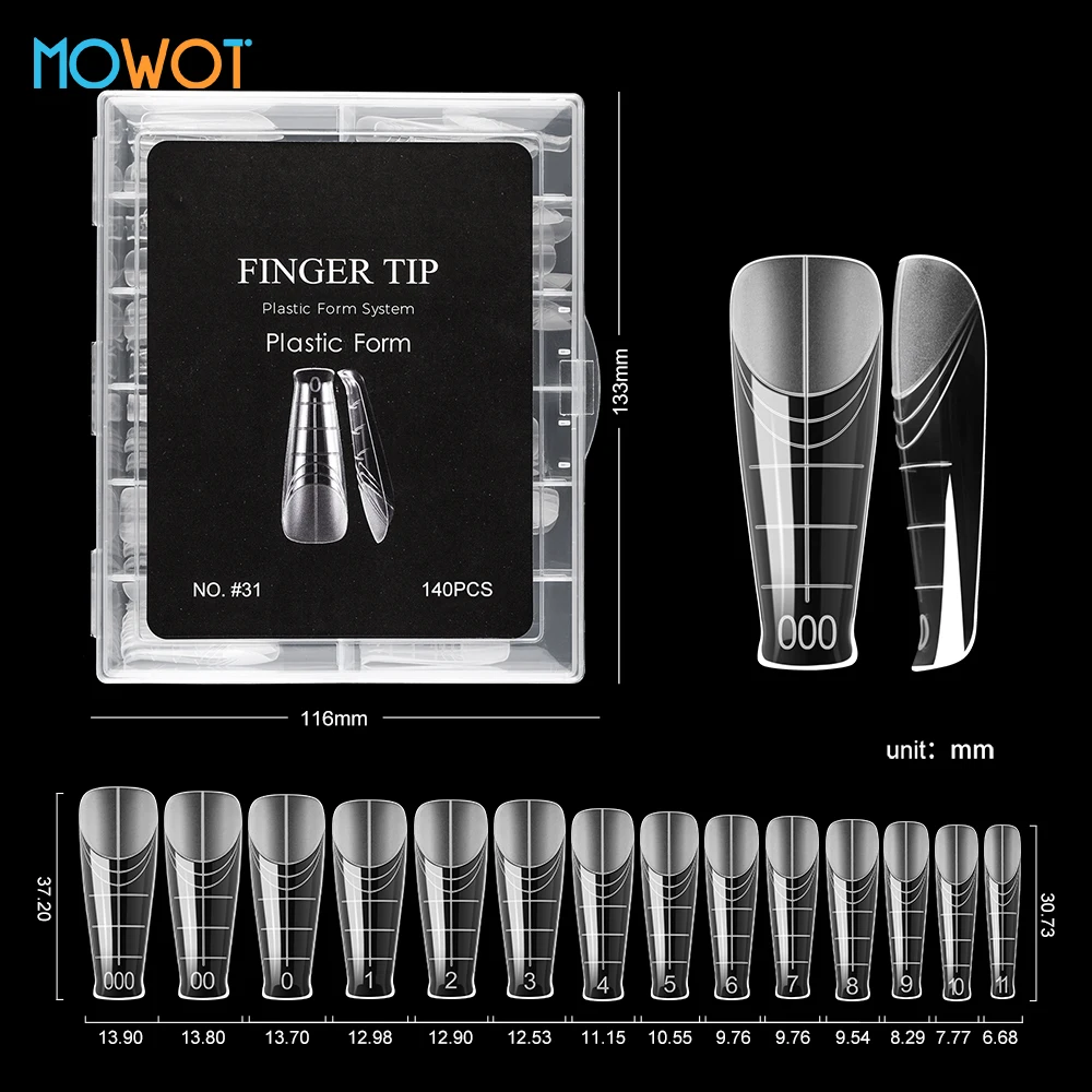 MOWOT 140pcs Clear Dual Forms Nail Extension Molds Acrylic Reusable Top Forms 14 Sizes Full Cover Nail Tips Poly Nail Gel Molds