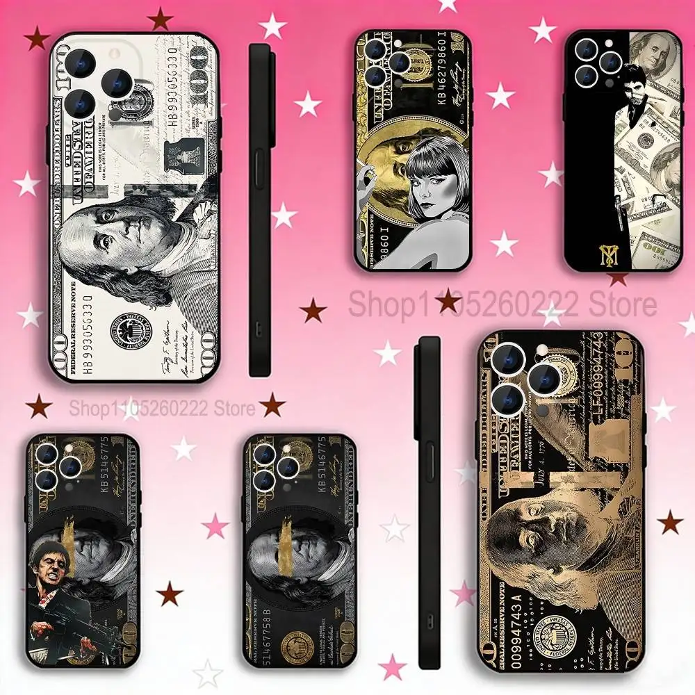 

USD Dollar S-scarface Design Black Soft Case For iPhone 17 13 14 15 11 16 12 Pro Max Pro Max Plus E Air Mini Phone Cover Shell
