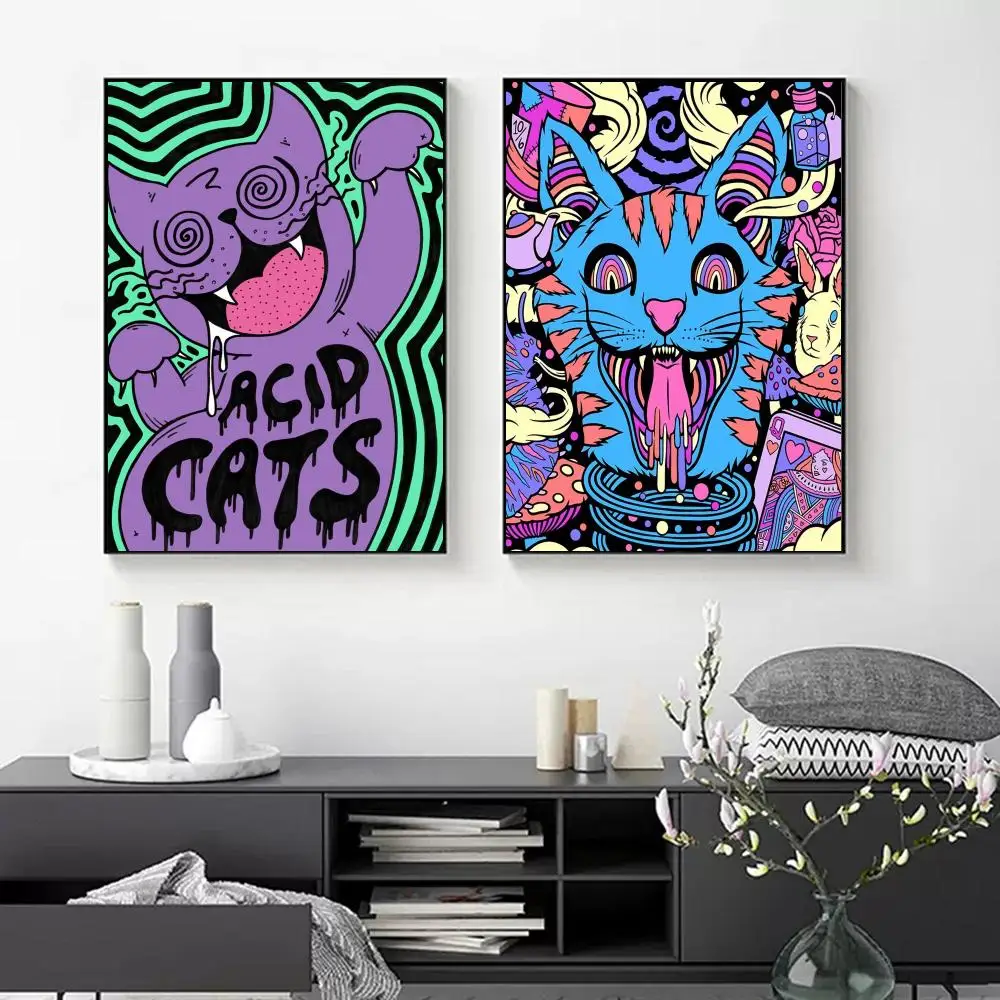 1pc colourful psychedelic cat Poster Paper Print Home Bedroom Entrance Bar Cafe Art Painting Decoration