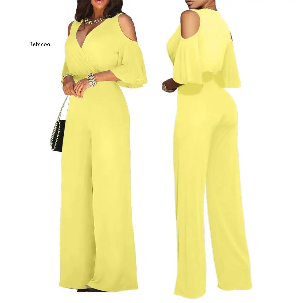 Women Casual Short Sleeve Solid Jumpsuit Sexy V-Neck Jumpsuit Ladies Three Quarter Sleeve CutOut Shoulder Wide Leg Jumpsuit