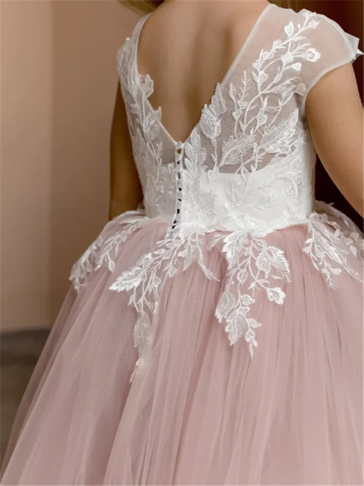 Vestido de princesa de manga curta para meninas, lindo laço de tule, estampado flores, primeira comunhão, aniversário surpresa, baile