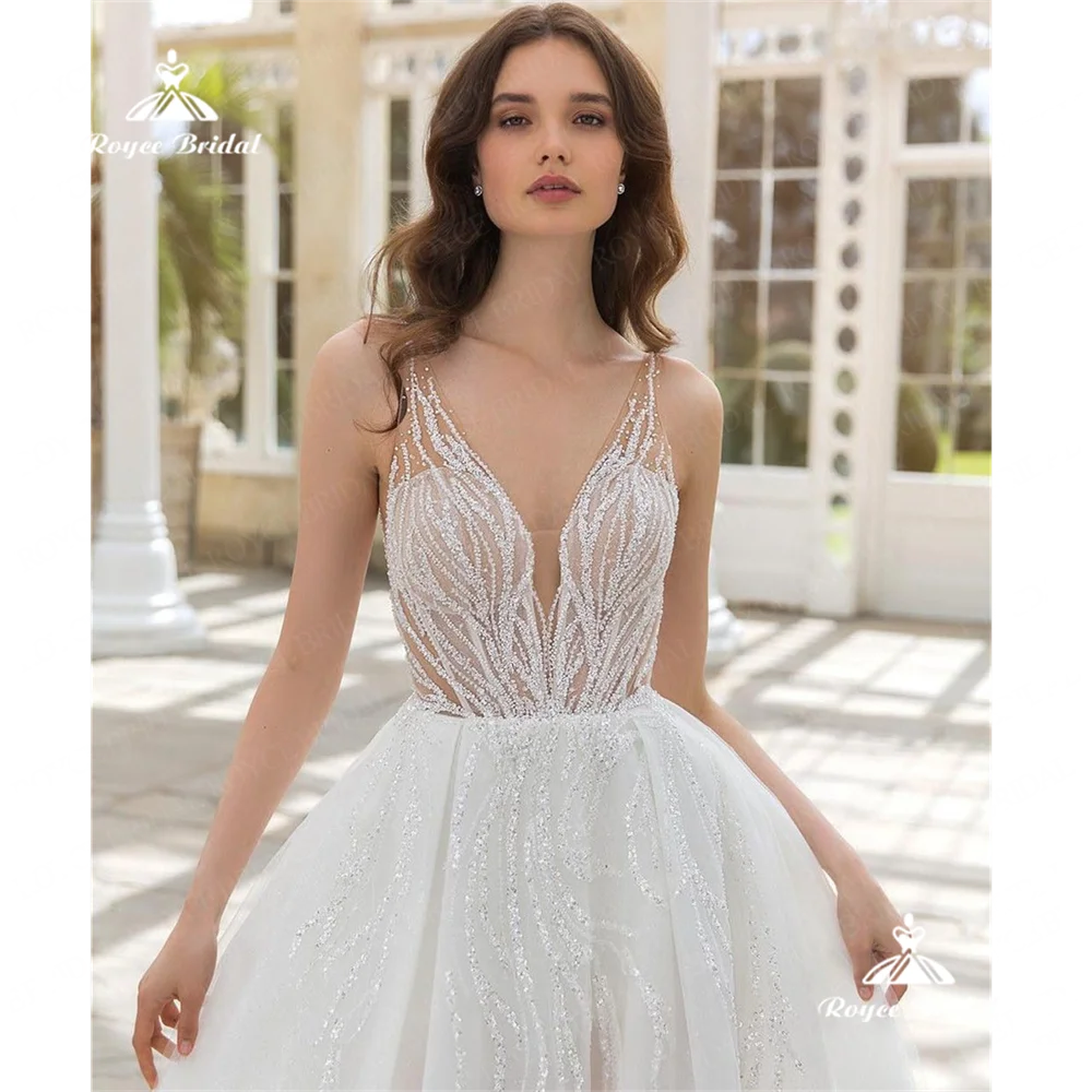 Roycebridal-Robe de mariée à col en V A Line, robe de mariée, train de cour, trio, élégante, éducative, 2025