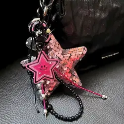 Handmade backpack pendant Sequin pentagram leopard print Hand woven rope keychain