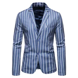 Men New Casual Large Size Suit Jacket Blue and White Stripes with Two Buttons Mens Formal Jacket Blazer Men Size M-5XL