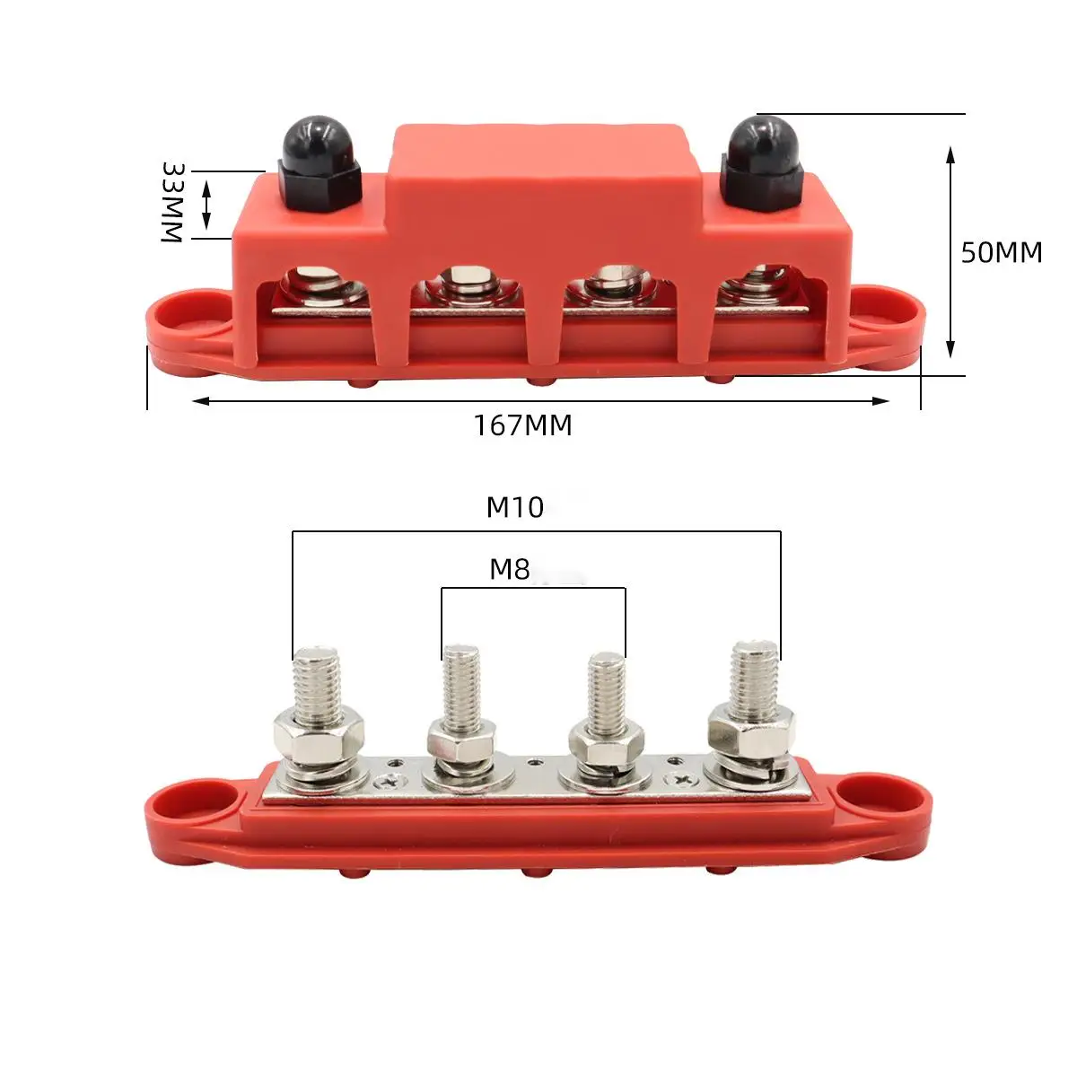 4 Post Power Distribution Block Bus Bar M10 M8 with Cover 250A 48V Rating for Battery Terminal Distribution Block