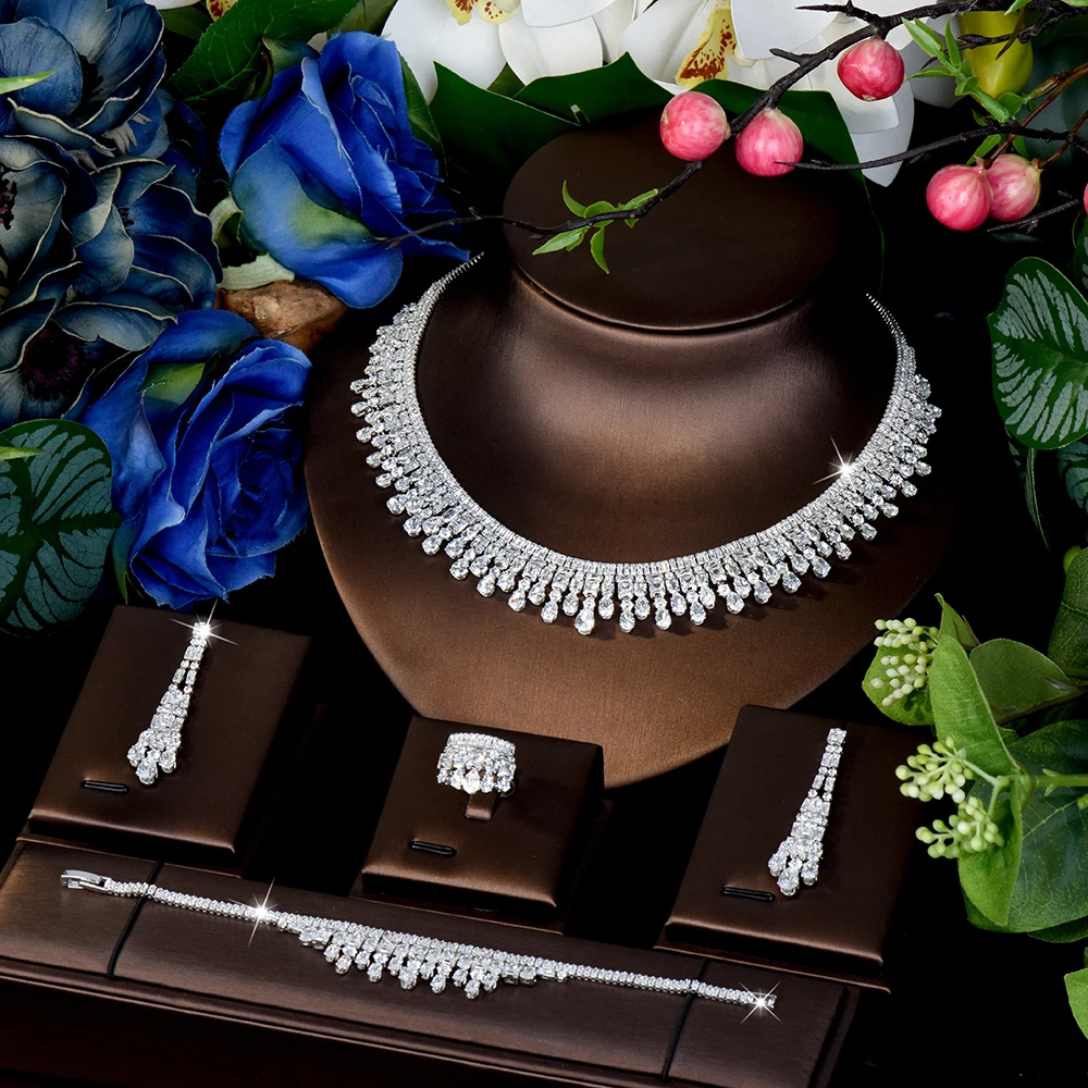 

HIBRIDE Popular Exquisite Jewelry Necklace Earrings Bracelet Set of 4 Suitable for Dubai Women Dress Wedding Ball Gift S-973