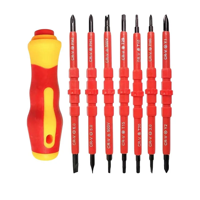 Electrician Repair Tools Kit 15pcs 1000V Changeable Insulated Screwdrivers Set with Magnetic Slotted Phillips Pozidriv Torx Bits