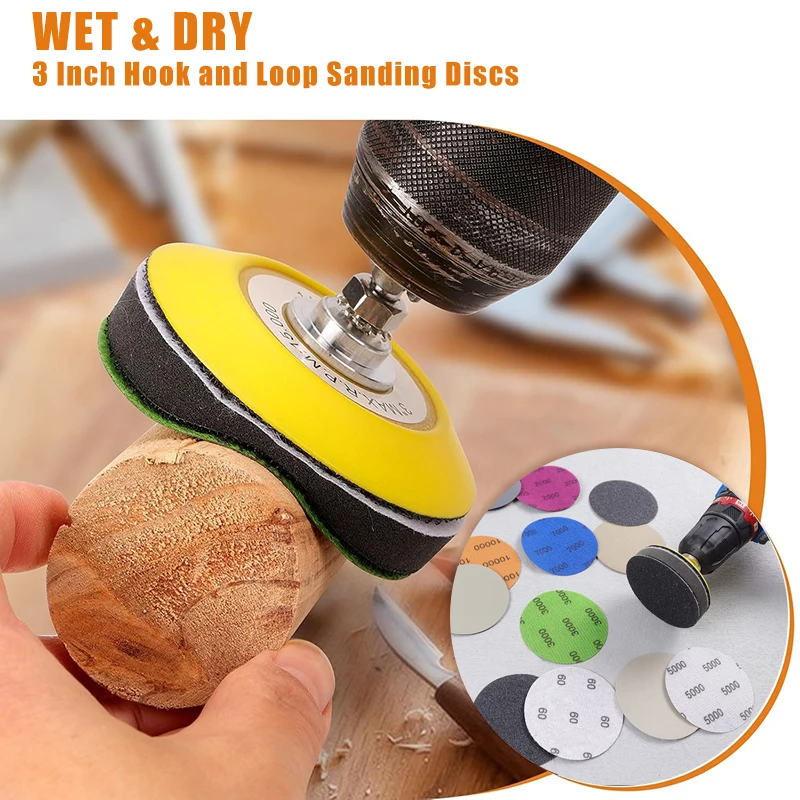 

50 Pcs 3 Inch 75mm Grinding Disc Waterproof Wet Dry Sanding Disc Hook and Loop Random Orbital Sandpaper for Polishing Wood Metal