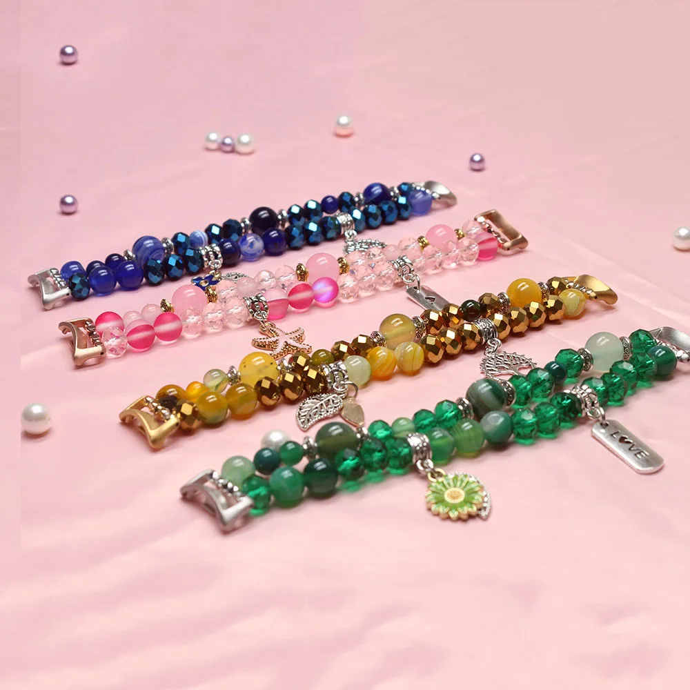 샤오미 미밴드 8/9/10 스트랩 주얼리 탄성 팔찌, 여성용 드레시 시계줄 블루 마노 크리스탈 비즈 참 장식