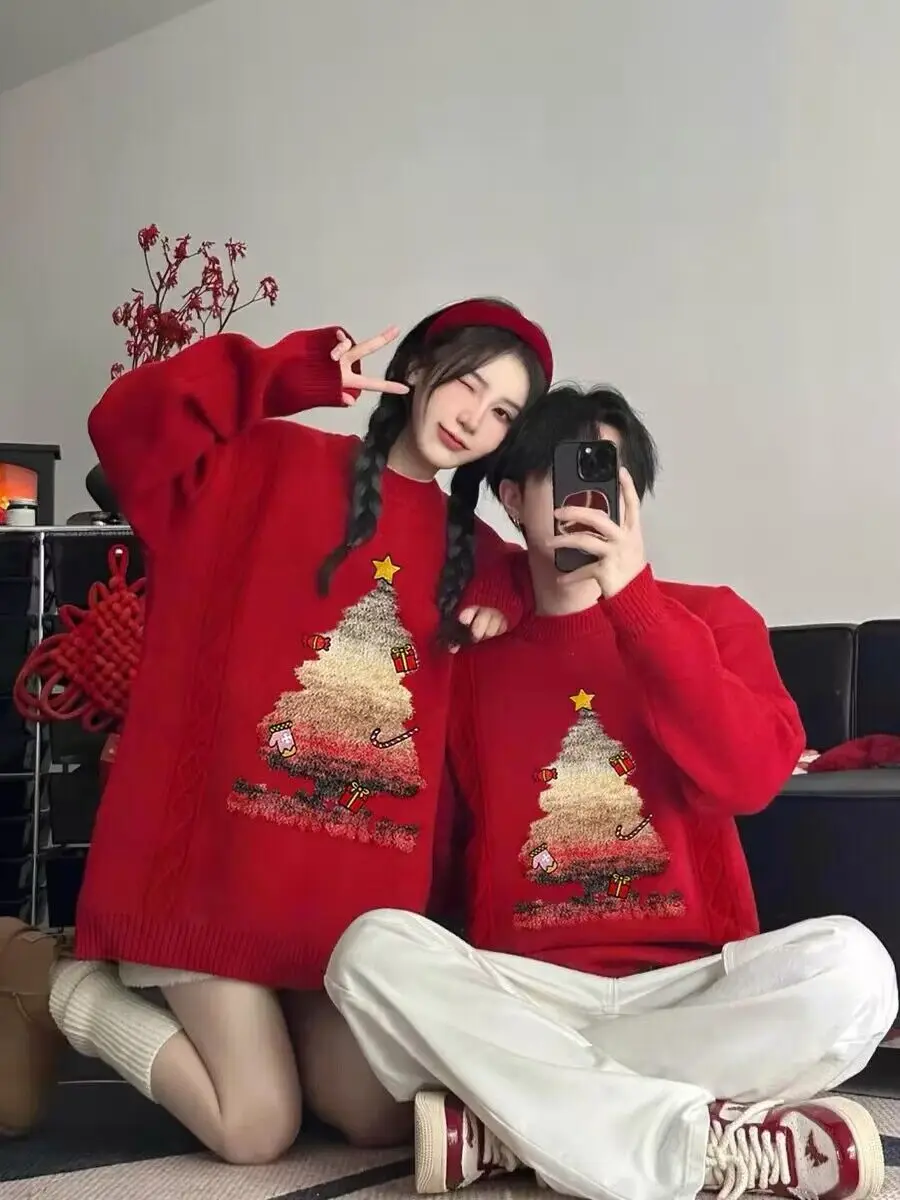 Christmas Couple Outfits Autumn and Winter 2024 Red Cartoon Christmas Tree Loose and Cute Sweater Outfit