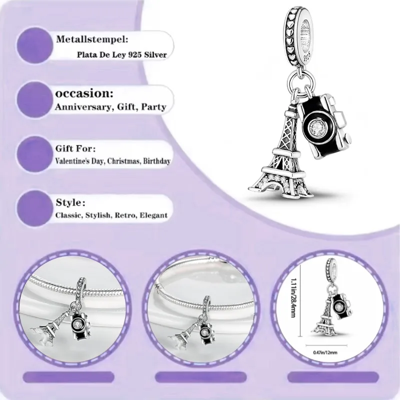 

Новинка 2026 года: популярный серебряный браслет с подвеской-башней для камеры, бусинами и украшением в виде панды, DIY, женские украшения